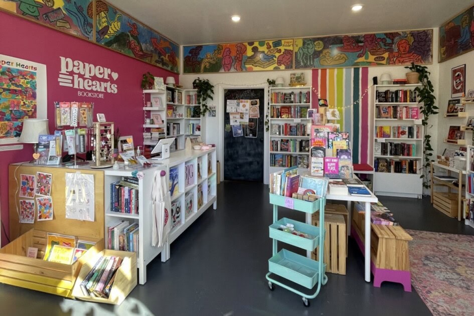 Inside a pink painted bookstore